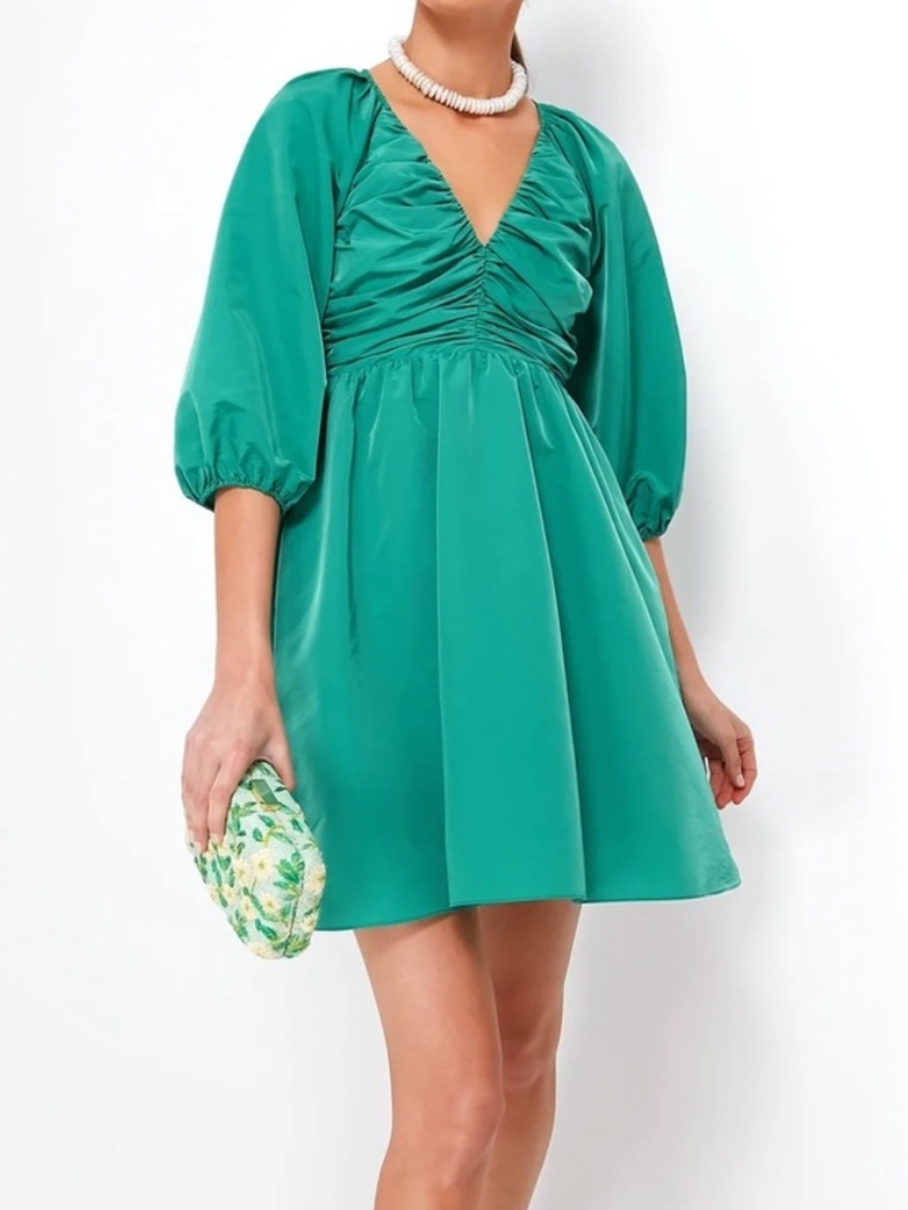 Hyacinth House X Tuckernuck Genevieve Ruched Mini Dress in Emerald Green